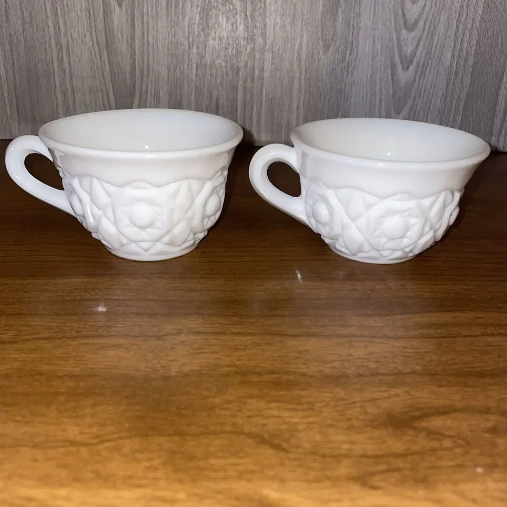 Vintage Pair Fostoria Milk Glass Teacup Rosby Winburn Pattern